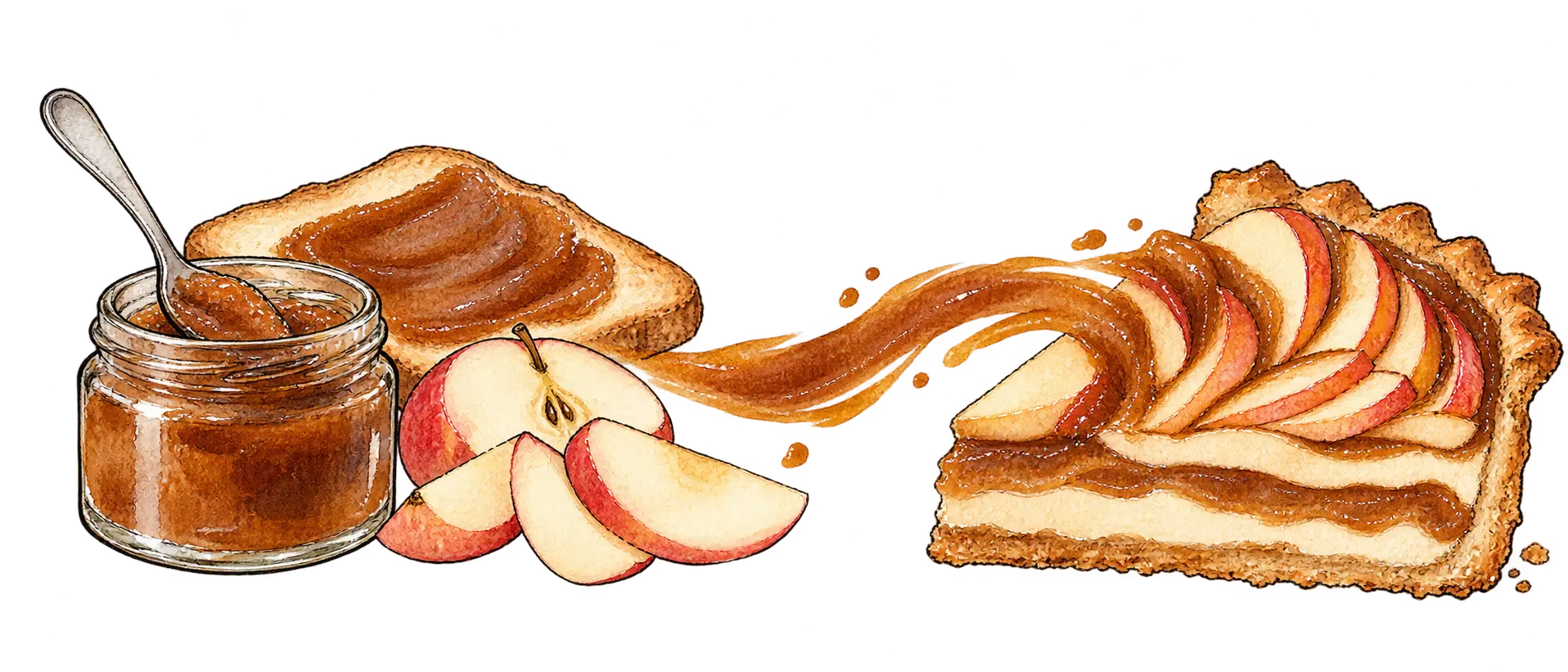 りんごバターの瓶とトーストから、りんごのタルトへつながる水彩画