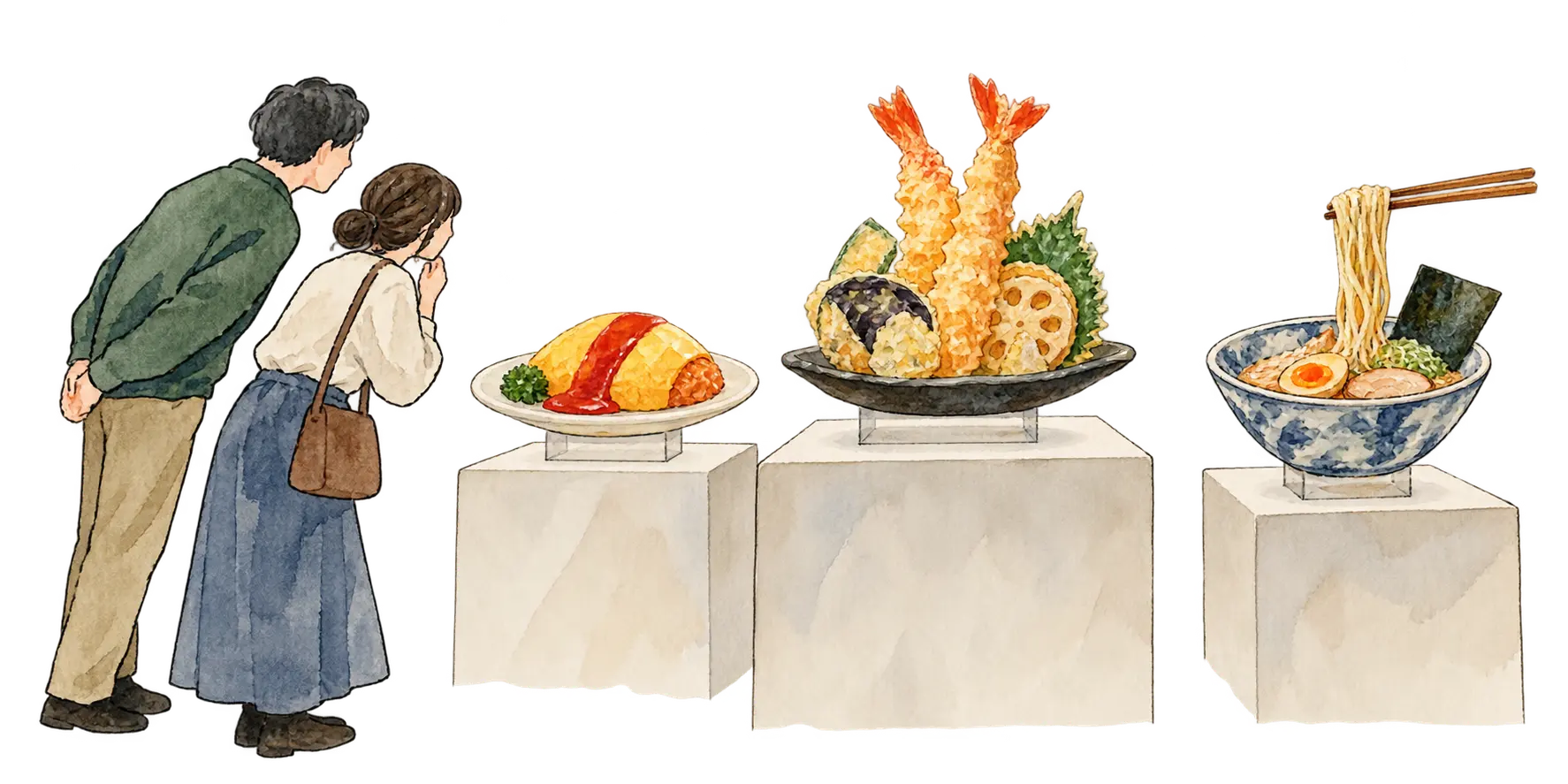 展示台の食品サンプルを近くで見る二人の水彩画
