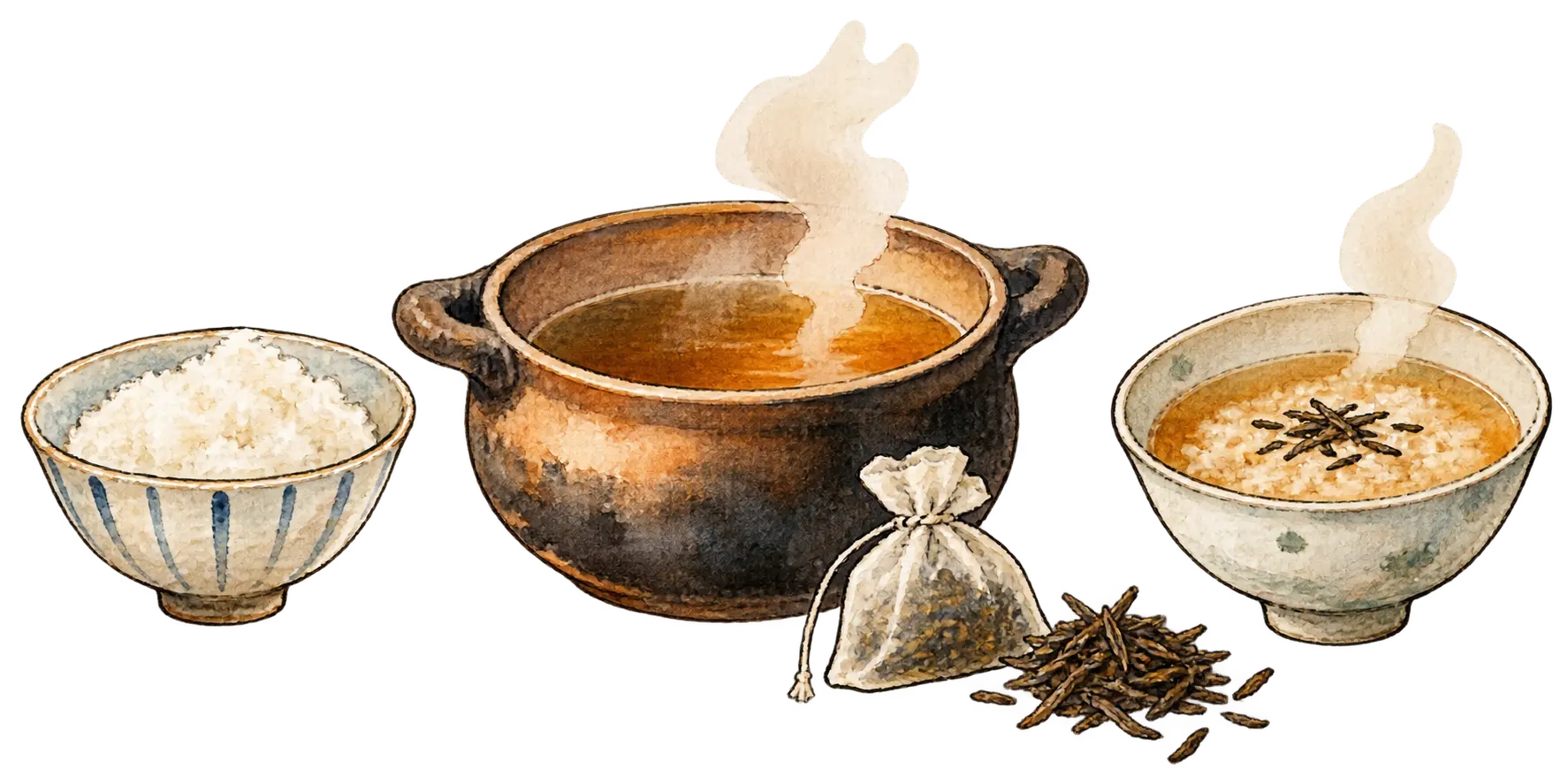 冷やご飯をほうじ茶の土鍋へ戻し茶粥にする水彩画