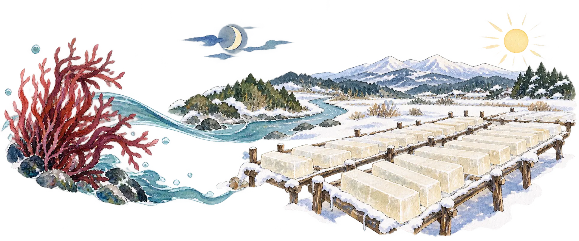 海藻が海から雪の諏訪へ移り寒天庭の角寒天になる水彩画